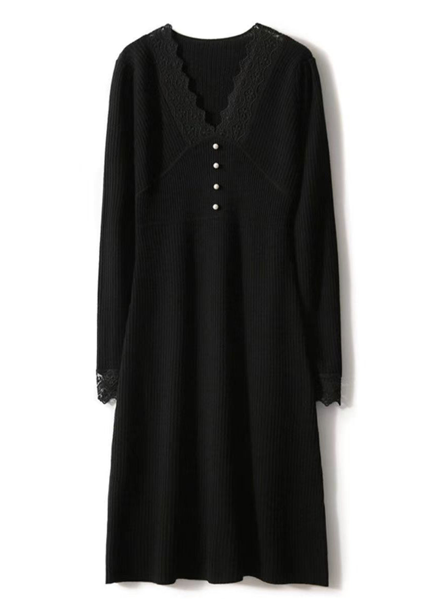 Black V Neck Lace Patchwork Woolen Dress Fall
