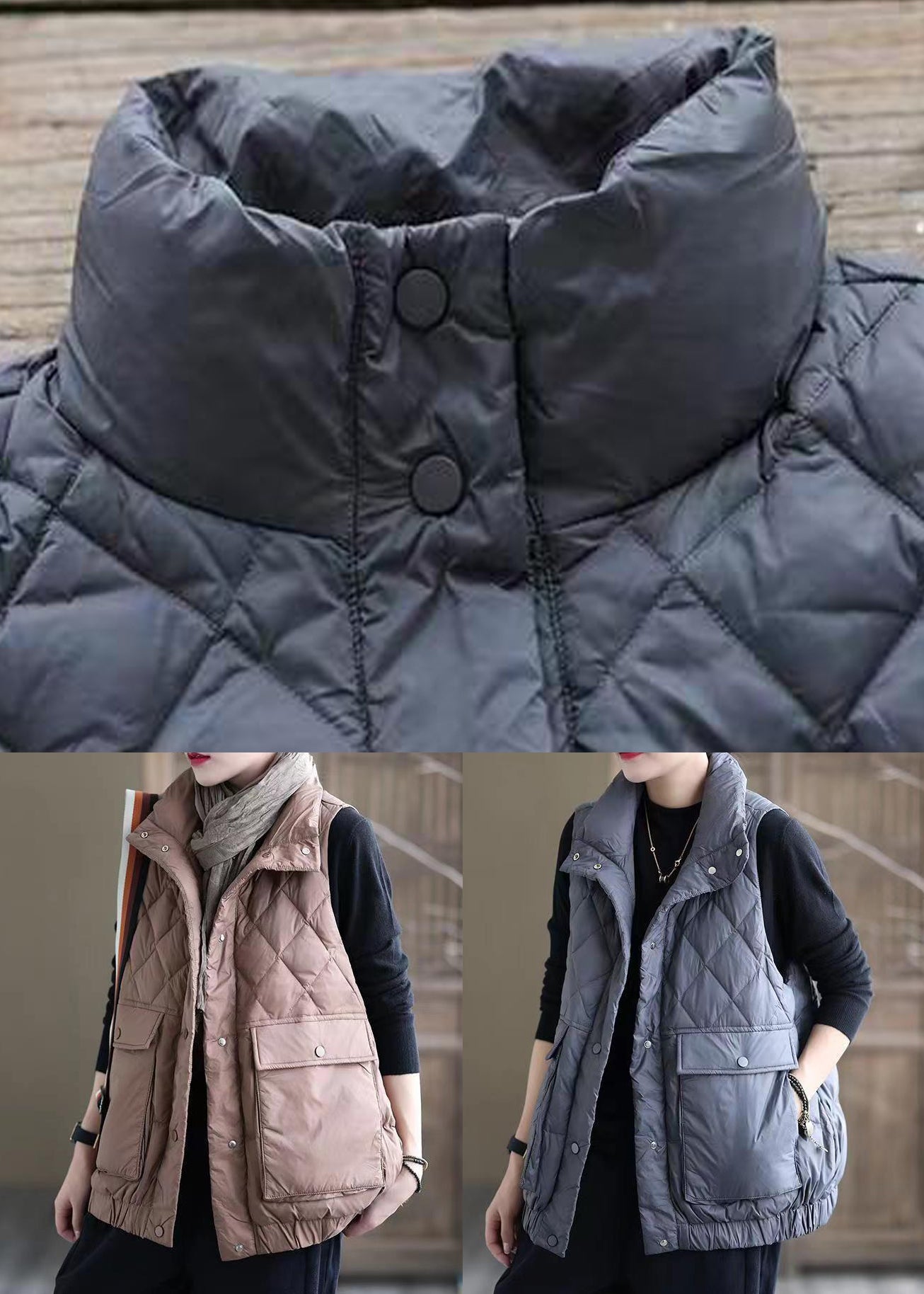 Pink Button Pockets Patchwork Duck Down Waistcoat Sleeveless