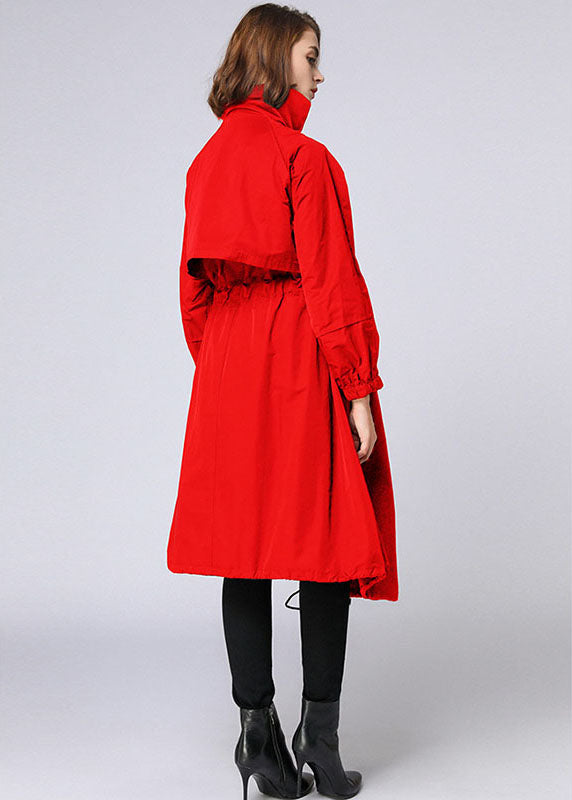 Red Zippered Tie Waist Pockets Fall Long Coat