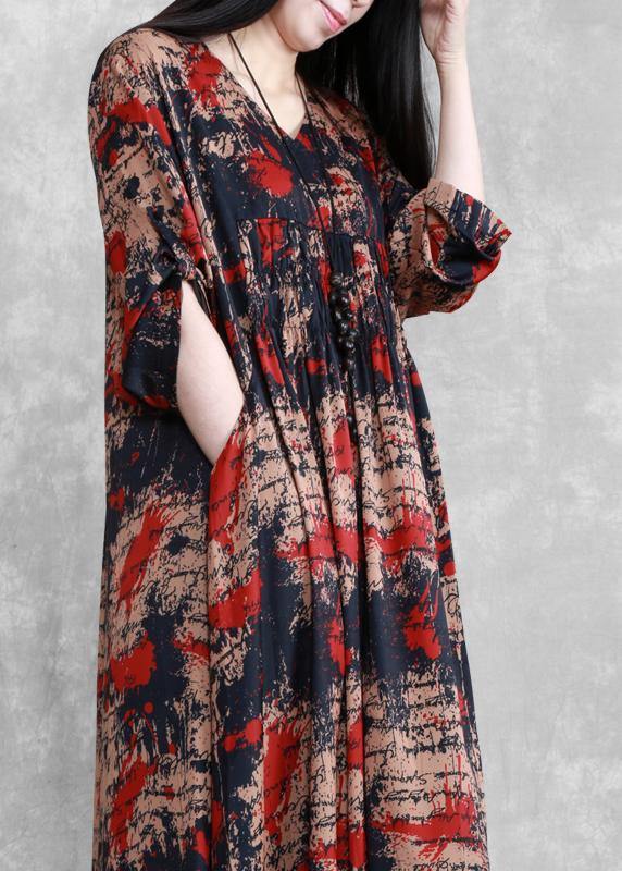 Style Black Print Tunics V Neck Large Hem Robe Spring Dresses