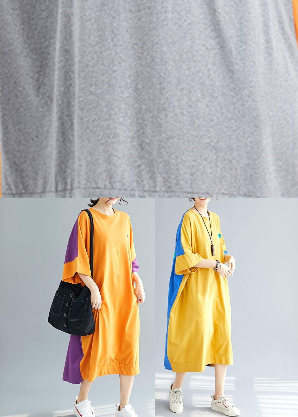 Grey Patchwork Orange Low High Graphic Summer Half Sleeve Vacation Dress
