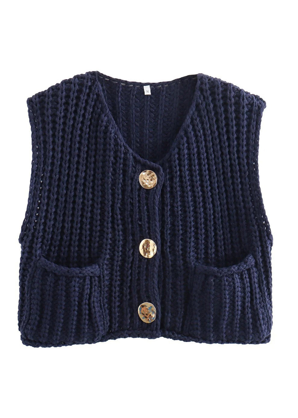 Blue Pockets Button Knit Vest Sleeveless