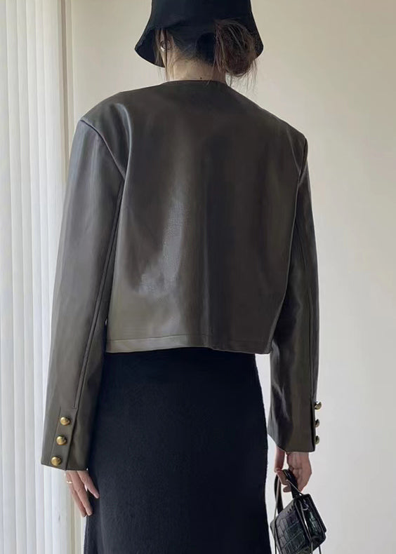 Brown O Neck Button Patchwork Faux Leather Jacket Fall