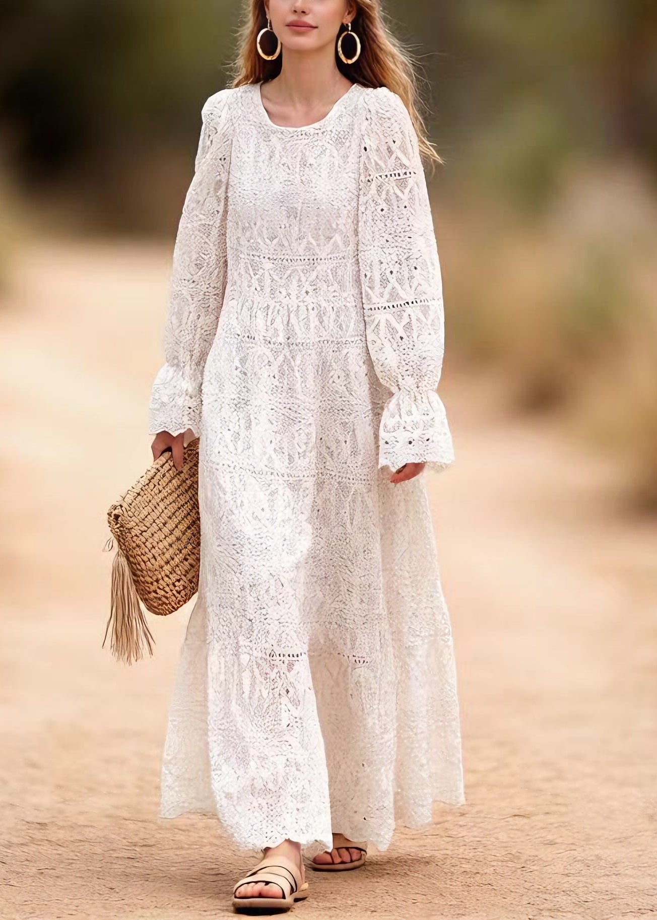 O Neck Embroidered Hollow Out Lace Long Dresses Spring