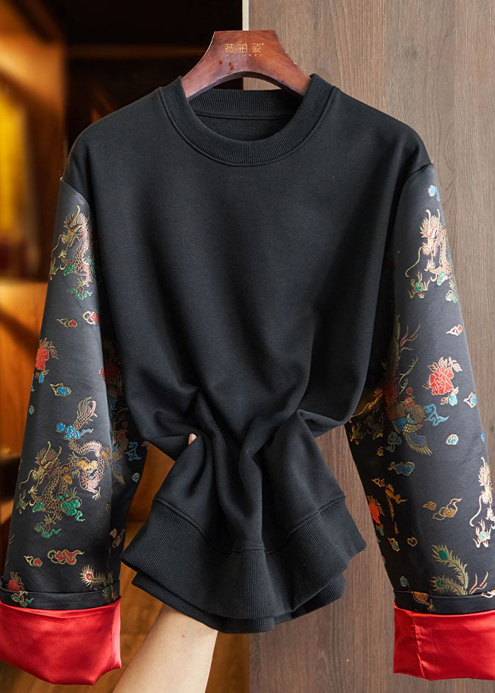 Loose Black O-neck Embroideried Patchwork Cotton Sweatshirt Long Sleeve