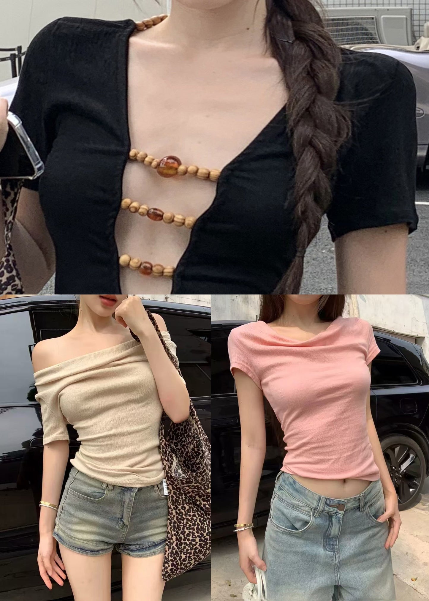 Slim Fit Black V Neck Beading Hollow Out Cotton T Shirts
