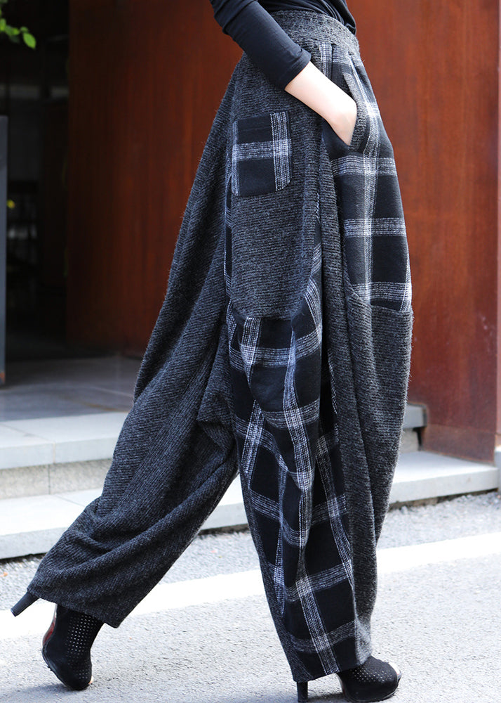 Plaid Patchwork Elastic Waist Lantern Pants Fall