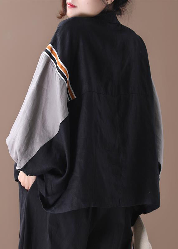 Black Button Pockets Patchwork Cotton Shirt Batwing Sleeve