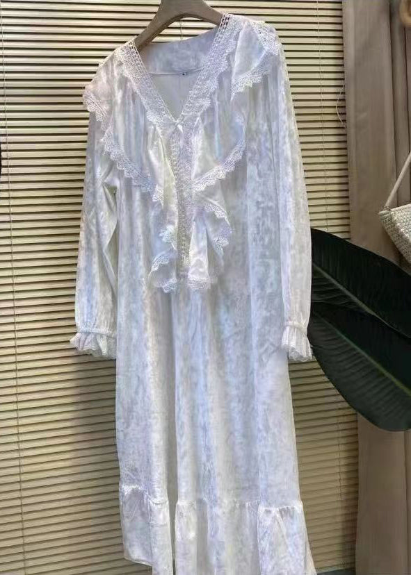 Diy White V Neck Lace Patchwork Silk Velour Maxi Dresses Spring