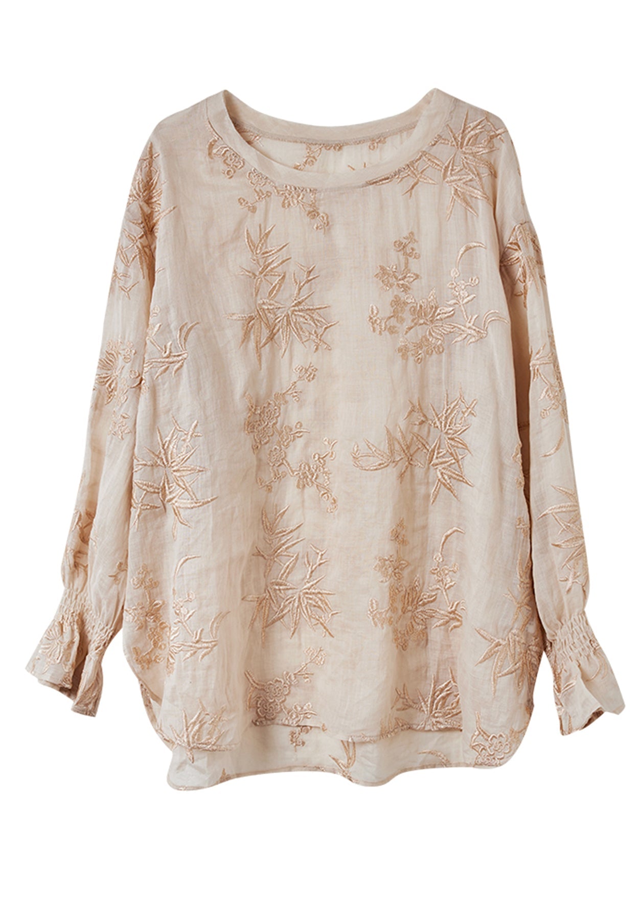 Stylish Apricot Embroidered Ramie Top Flare Sleeve