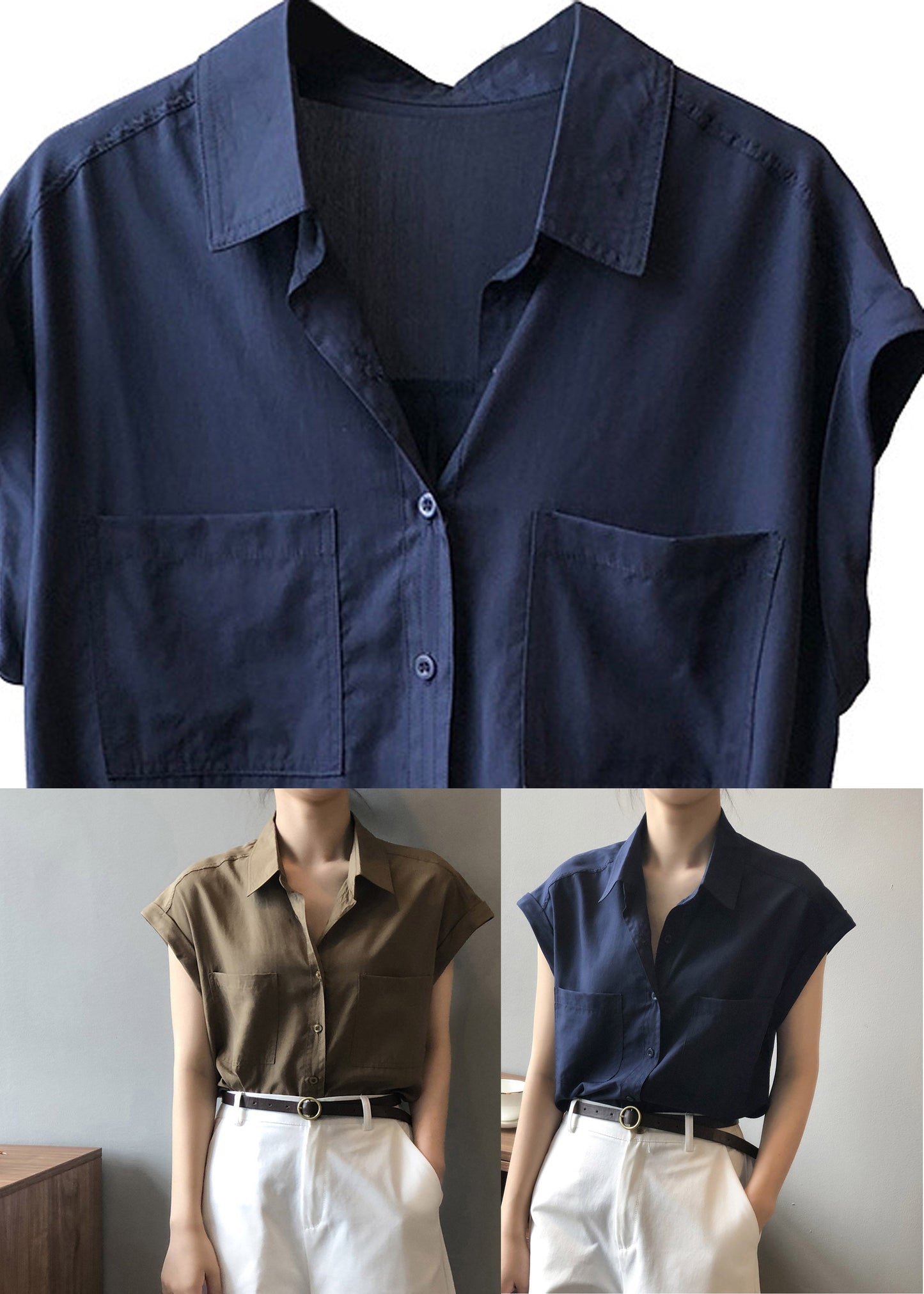 Coffee Button Loose Shirts Short Sleeve