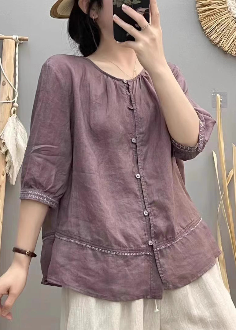 Brick Red Embroidered Patchwork Cotton Blouse Tops Summer