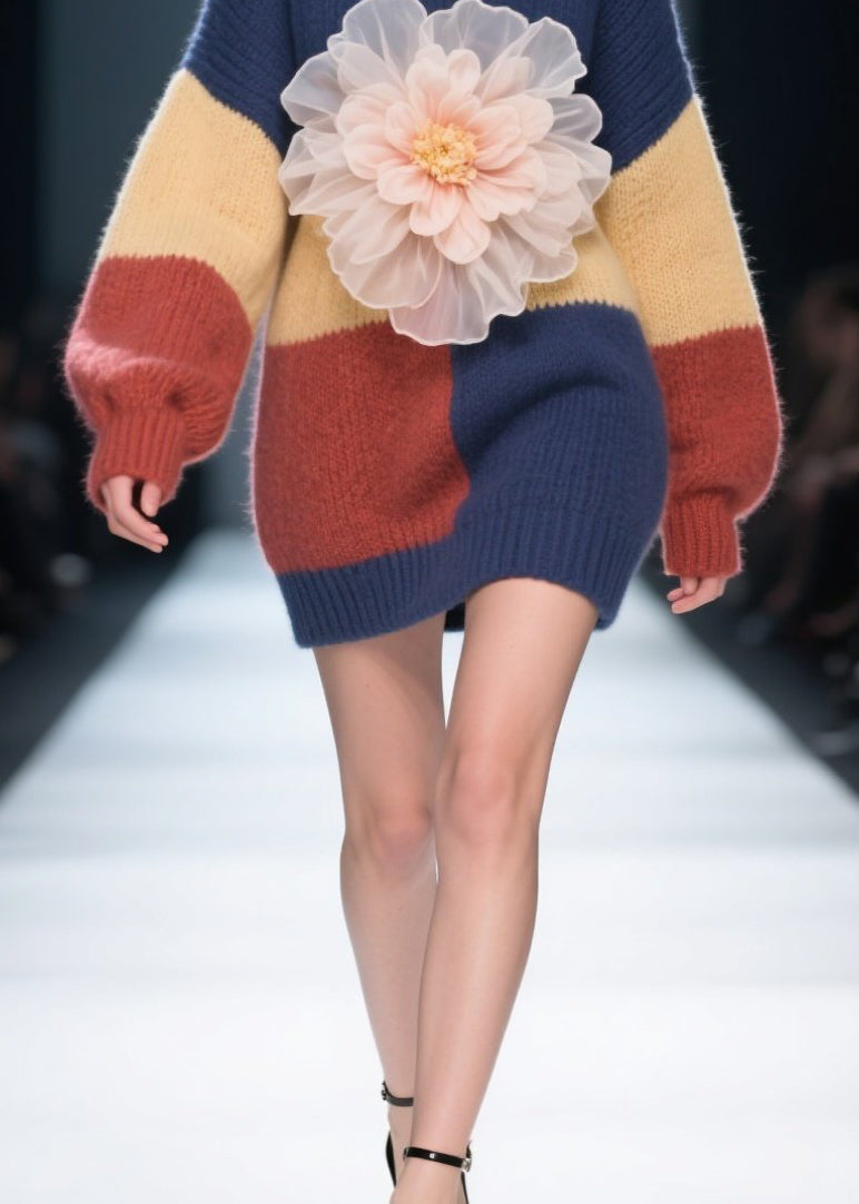 Diy Colorblock O Neck Patchwork Knitwear Dress Fall