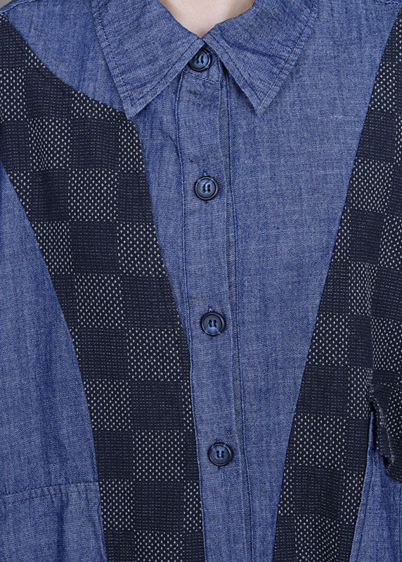 Denim Blue Patchwork Plaid Asymmetrical Design Fall Coats