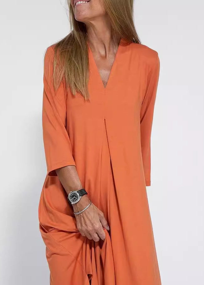 Loose Black V Neck Side Open Cotton Long Dress Bracelet Sleeve Spring