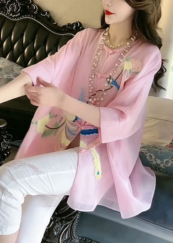 Fine Pink O-neck Embroideried Button Silk Shirt Summer