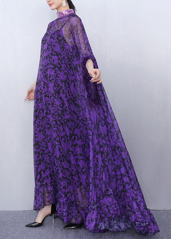 Stylish Purple Turtleneck Print Tulle Patchwork Party Maxi Dress Half Sleeve Fall