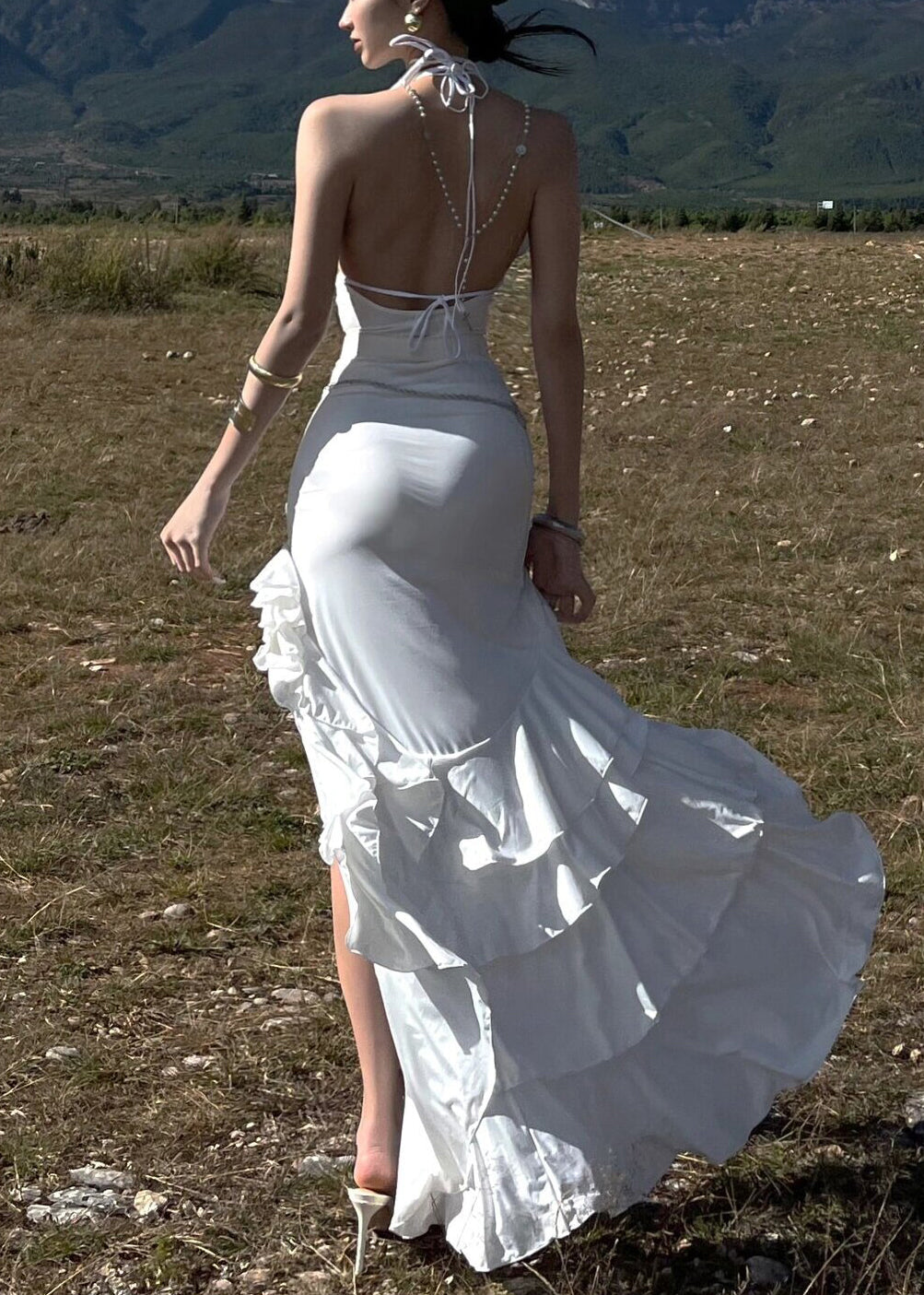 Slim Fit White Ruffled Lace Up Low High Design Cotton Dress Sleeveless Summer