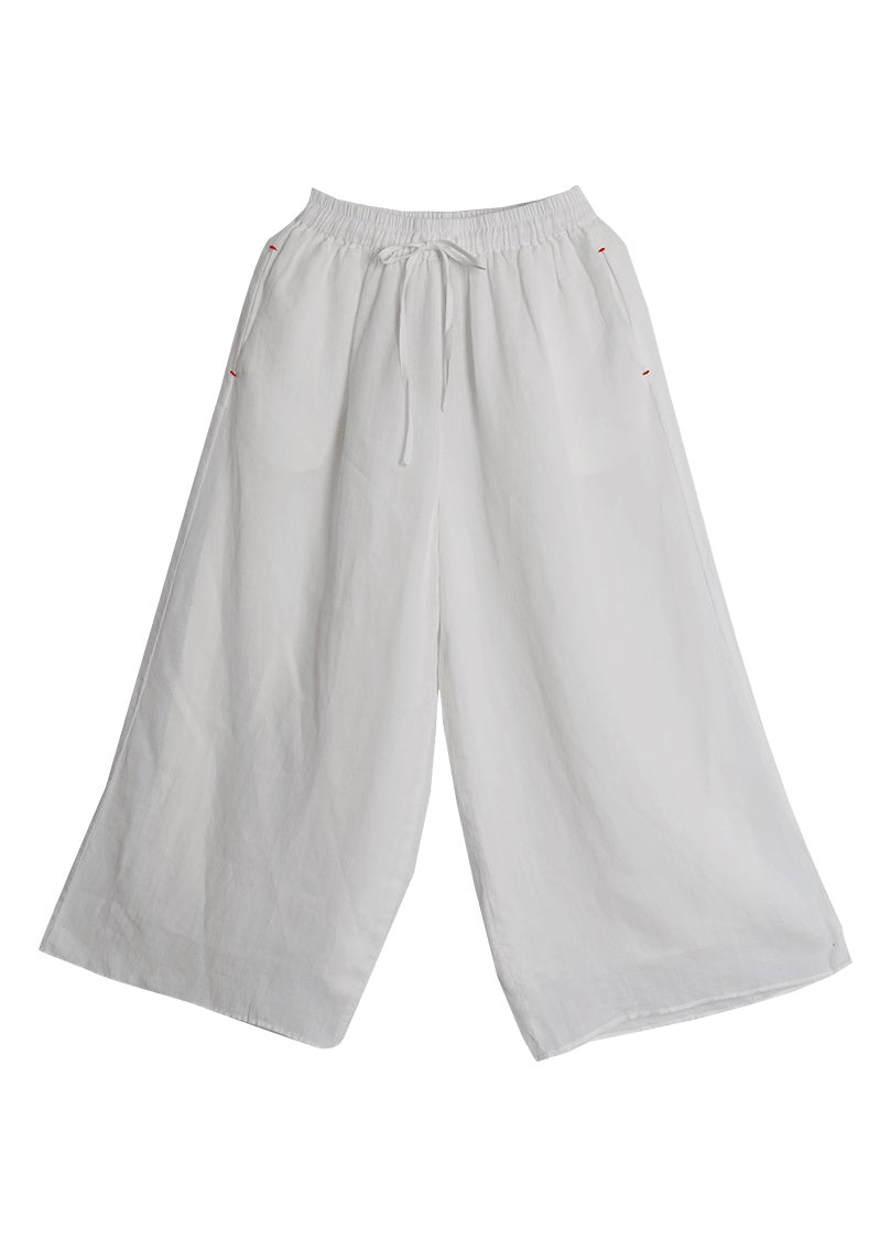 White Elastic Waist Drawstring Pockets Linen Wide Leg Pants Spring