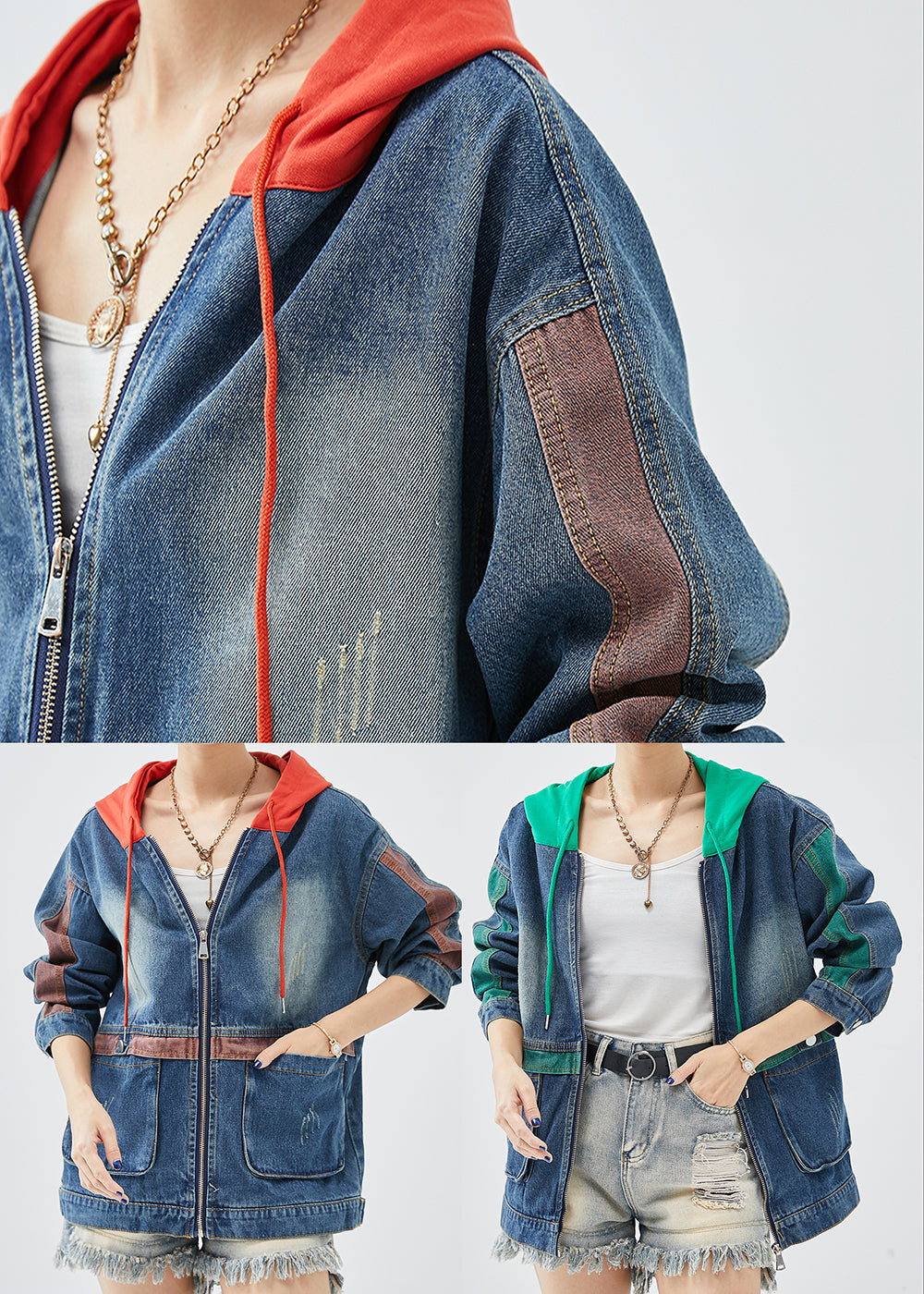 Red Hooded Patchwork Denim Coats Fall