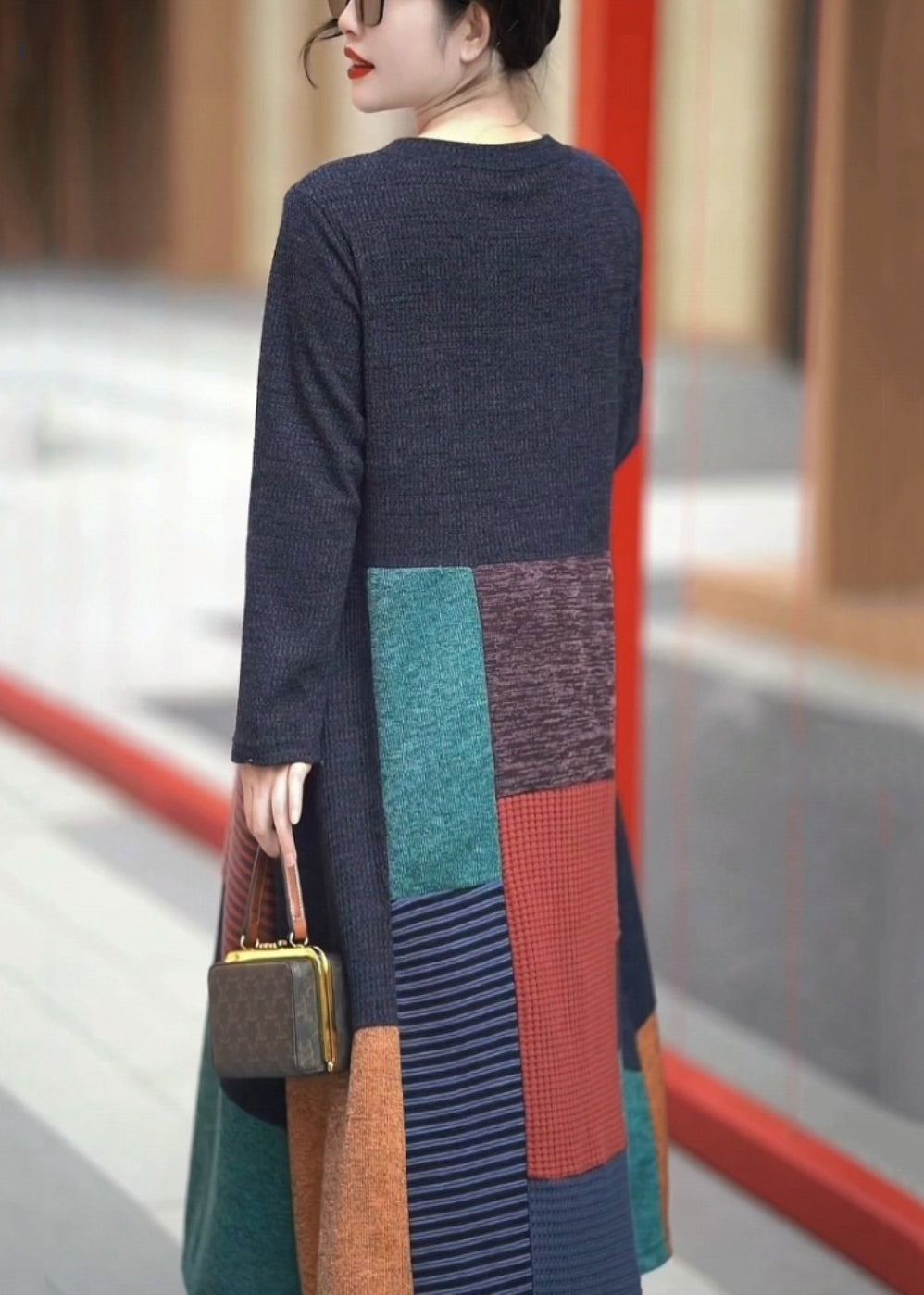 New Navy O-neck Patchwork Knit Long Dresses Winter