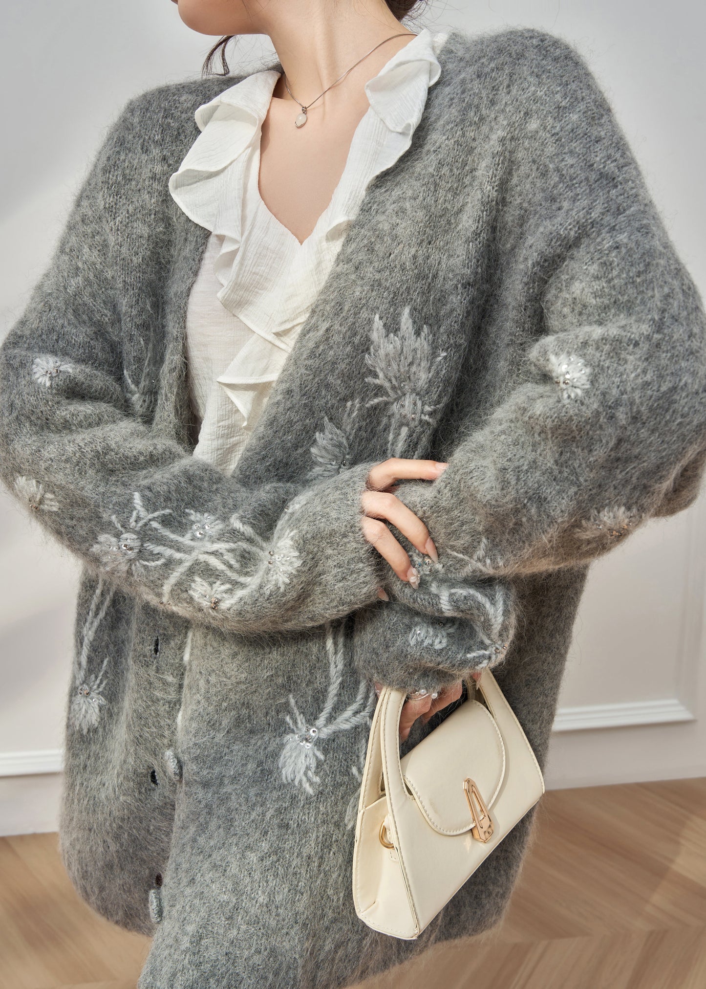 Grey V Neck Embroidered Cotton Knit Cardigan Fall