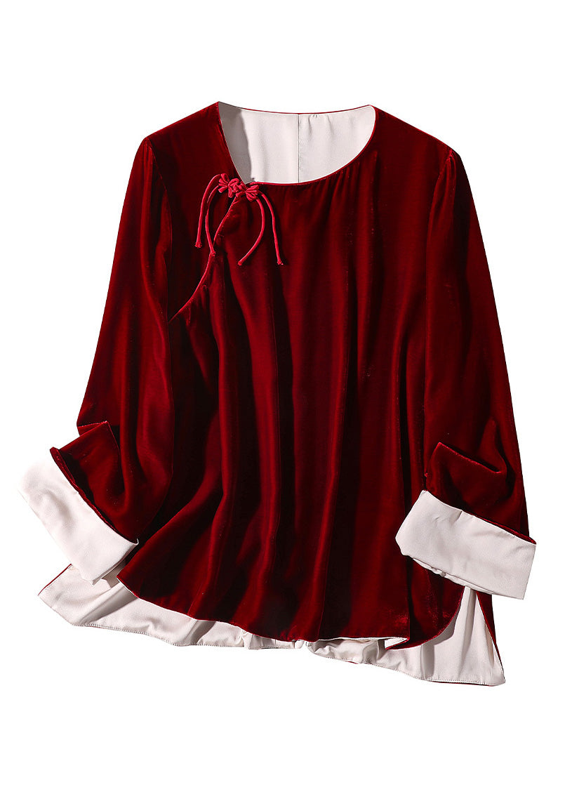 Natural Mulberry O-neck Side Open Silk Velour Shirts Long Sleeve
