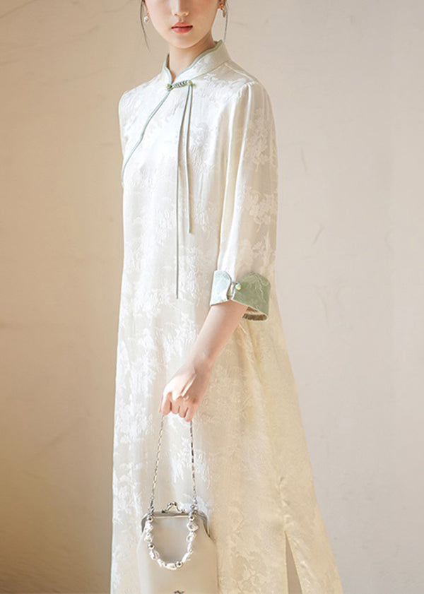 Beige Stand Collar Tasseled Print Patchwork Silk Dresses Fall