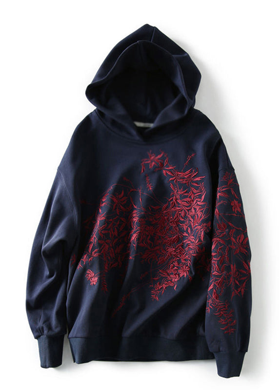 Navy Blue Embroideried Hooded Coats Long Sleeve