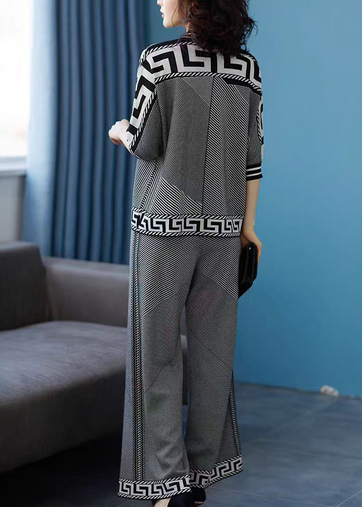 Italian Grey Tops and Pants Striped Knit Two-piece Set Spring