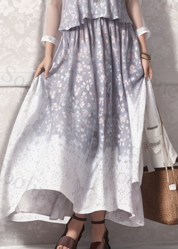 Modern Grey Print Hollow Out Silk Long Dress Summer