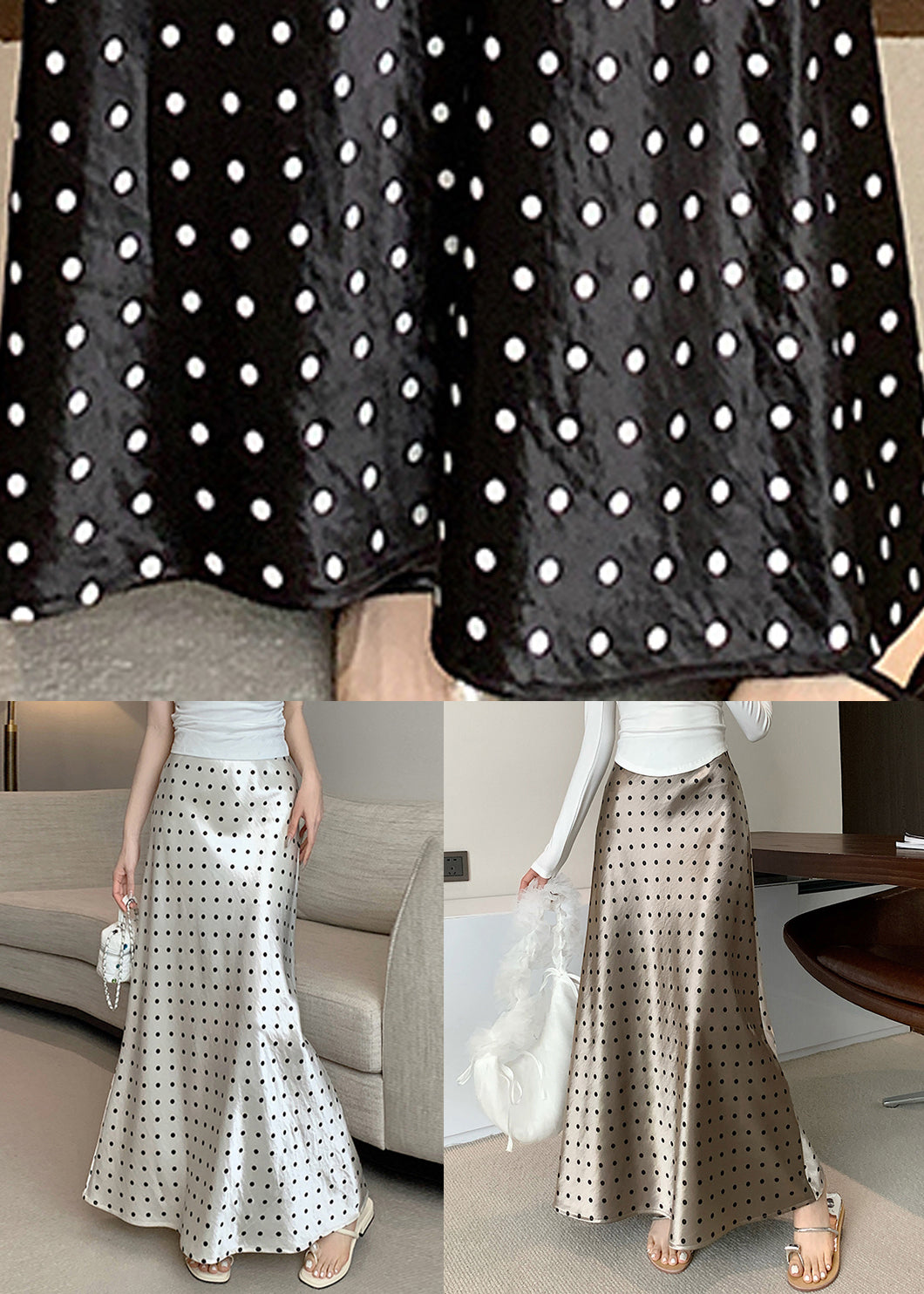 Slim Fit Champagne Color Dot High Waist Silk Skirts Fall