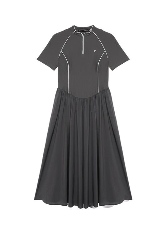 Summer Dark Grey Stand Collar Wrinkled Splicing Dress
