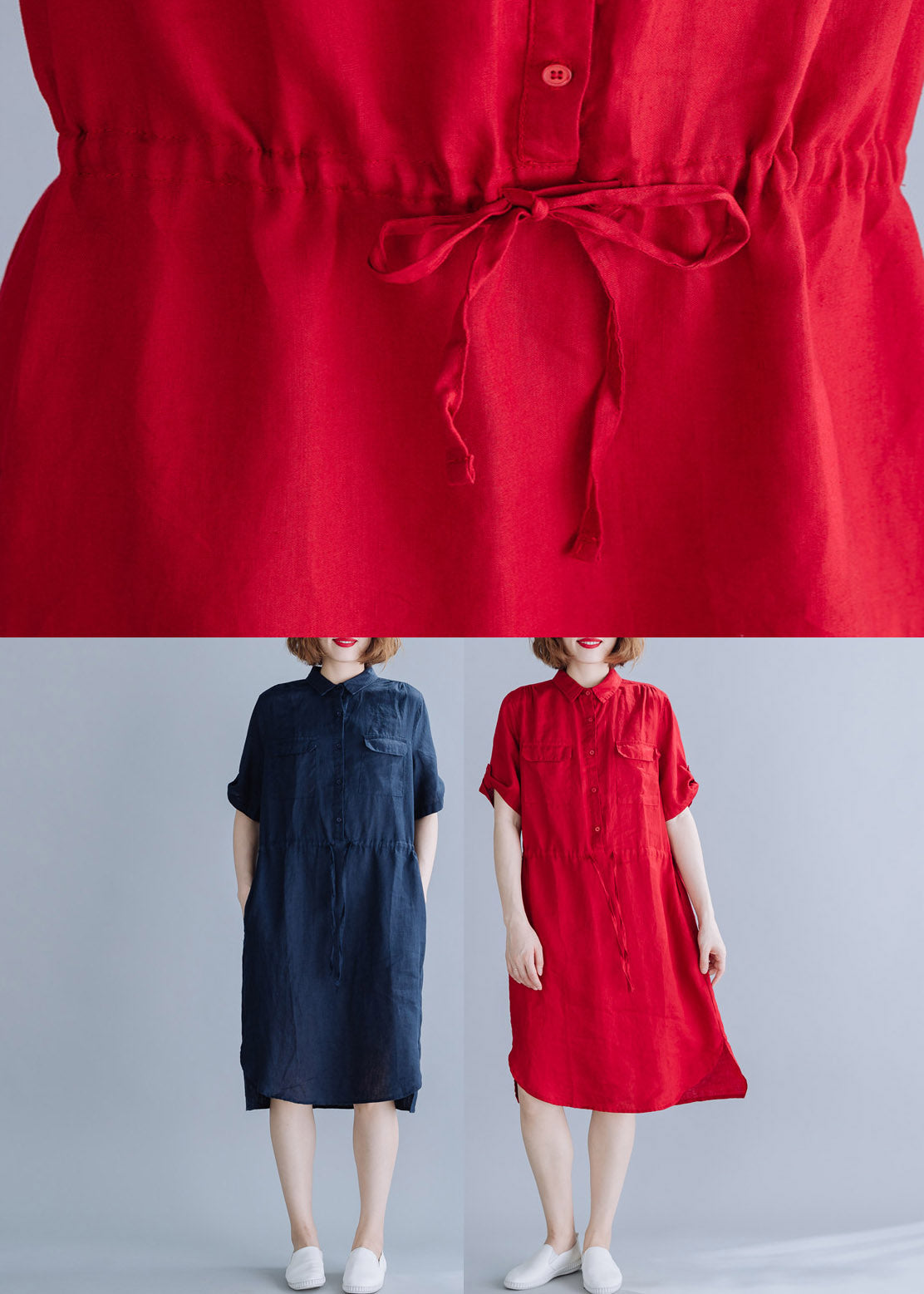 Red Peter Pan Collar Drawstring Shirt Dresses Summer