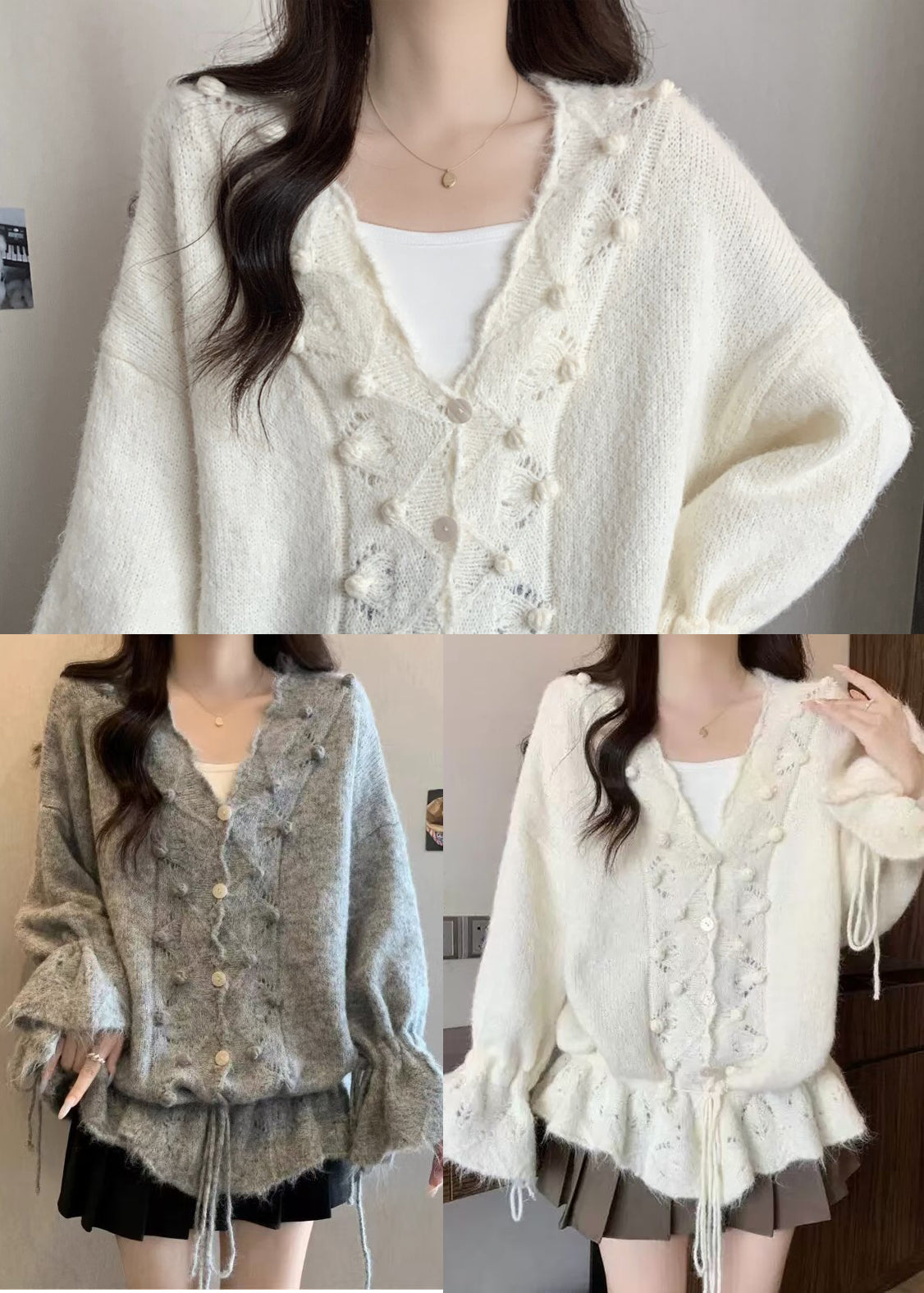 Grey Oversized Fuzzy Ball Decorated Knit Cardigans Fall