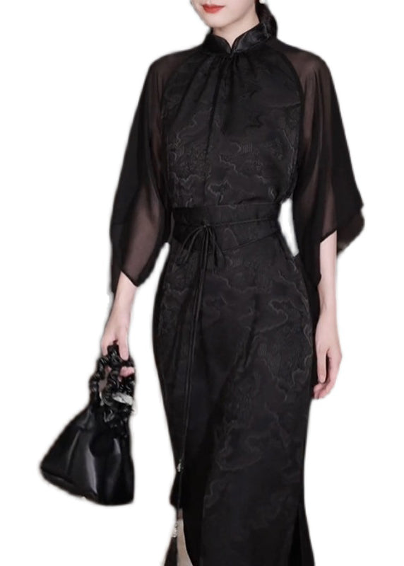 Black Stand Collar Jacquard Patchwork Silk Dresses Fall