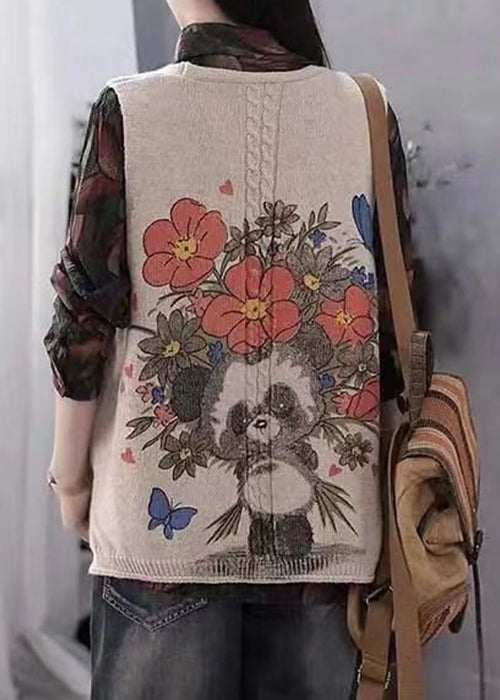 Khaki V Neck Print Button Cotton Knit Waistcoat Sleeveless