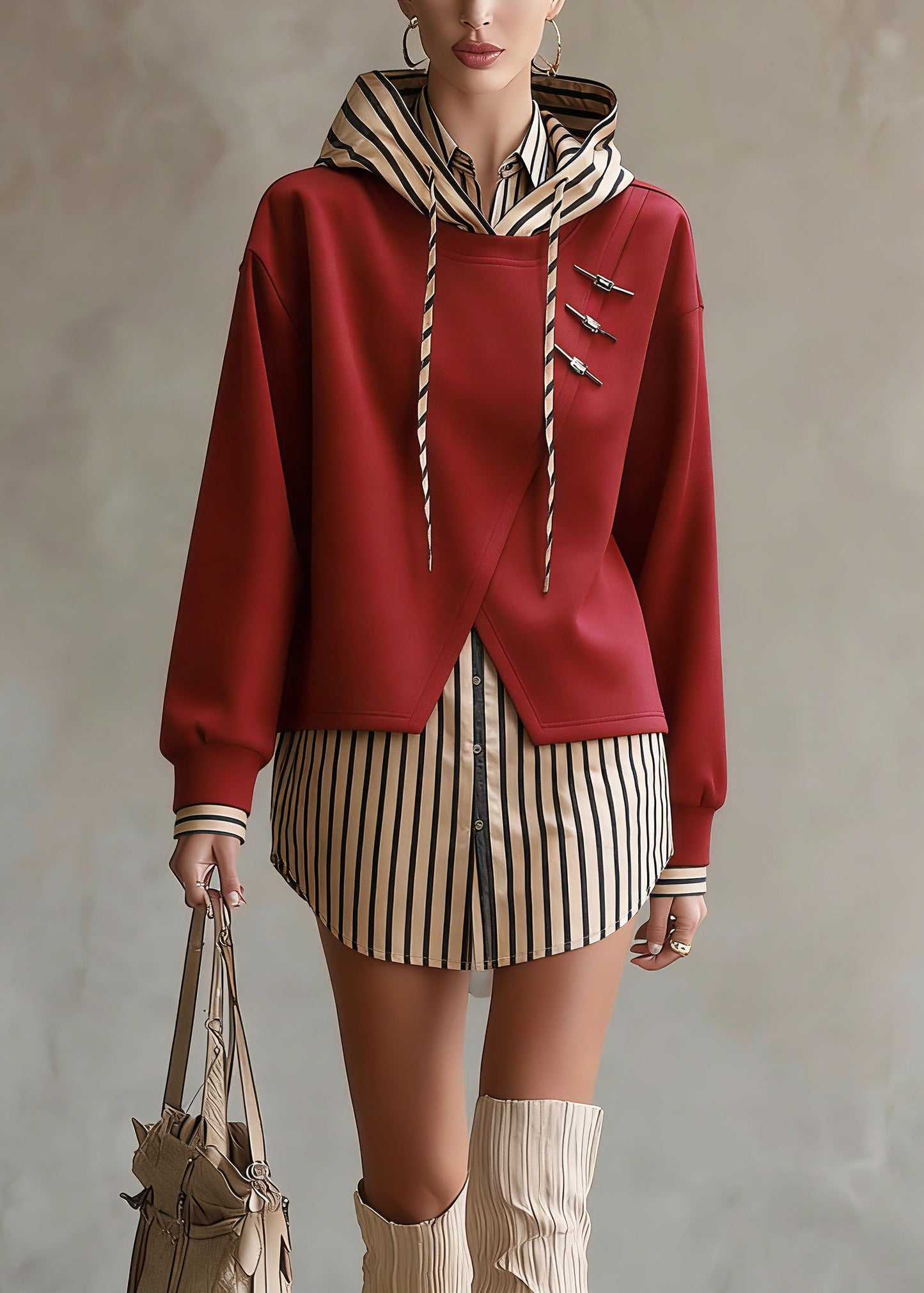 Unique Red Hooded Patchwork False Two Pieces Cotton Top Spring