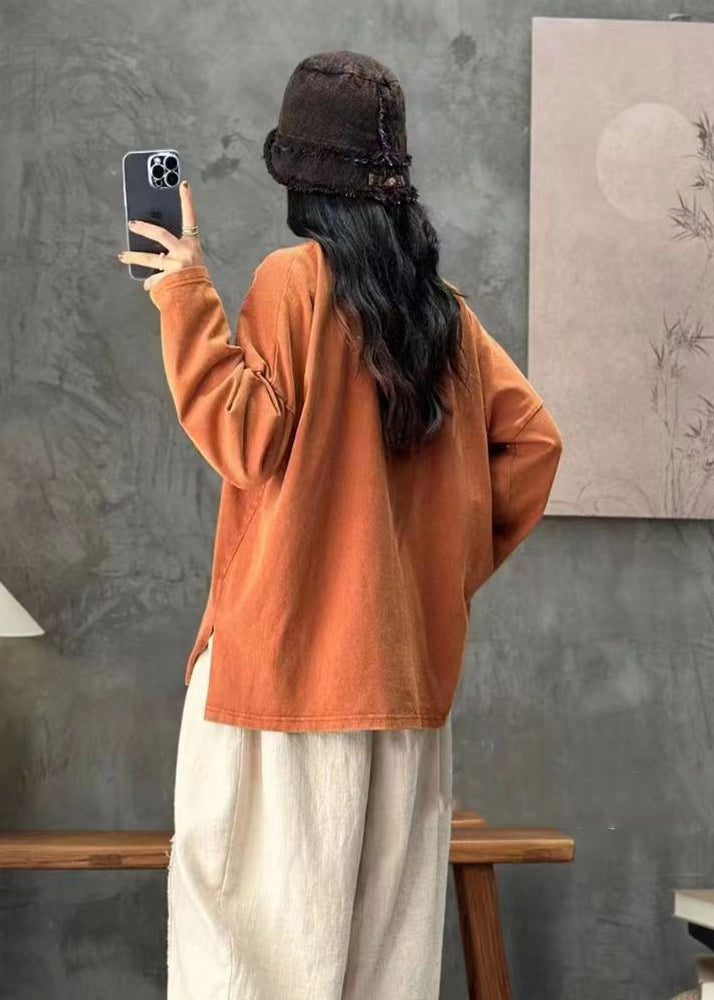 Red O Neck Applique Cotton T Shirt Tops Long Sleeve