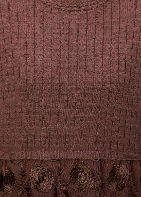 French Chocolate O-neck Embroideried Lace Patchwork Knit Maxi Dress Long Sleeve