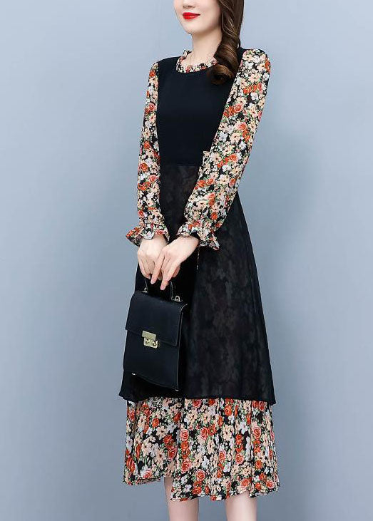 Colorblock O-neck Patchwork Print Chiffon Dresses Fall