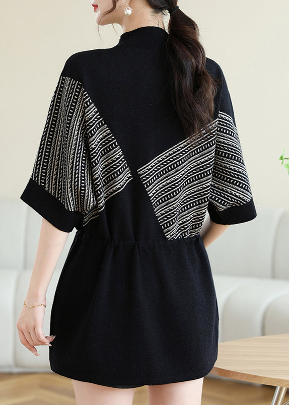 New Coffee O-neck Print Drawstring Knit Top Spring