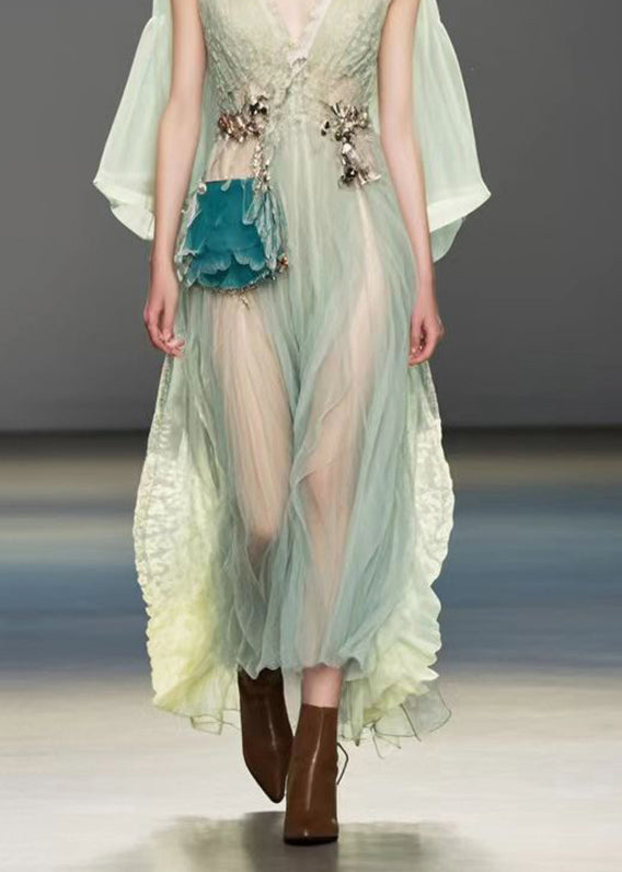 Green Cold Shoulder Silm Fit Silk Long Dress Summer