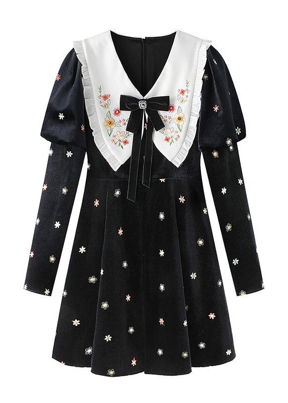 Diy Black Bow Collar Embroideried Silk Velour Dresses Spring