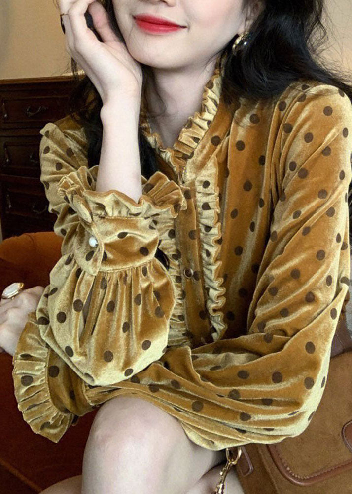 Ruffled Patchwork Dot Print Button Silk Velour Shirt Long Sleeve