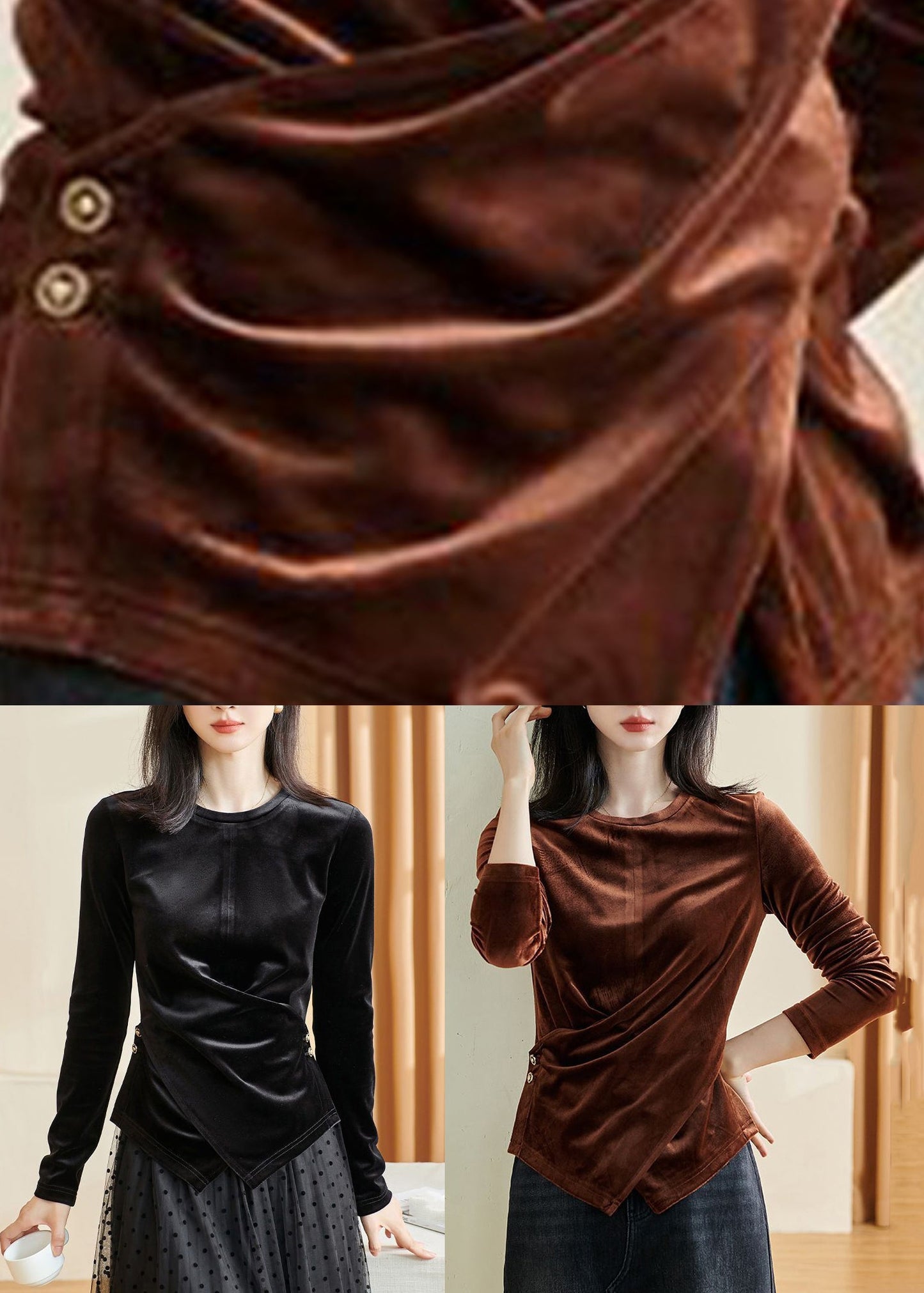 Fitted Brown O-neck Asymmetrical Silk Velour Shirt Long Sleeve