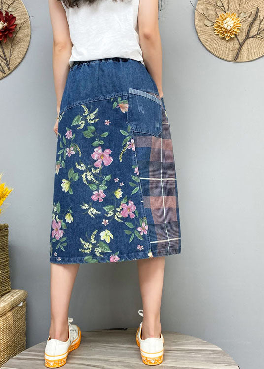 Blue Button Print Patchwork Denim Skirt Spring