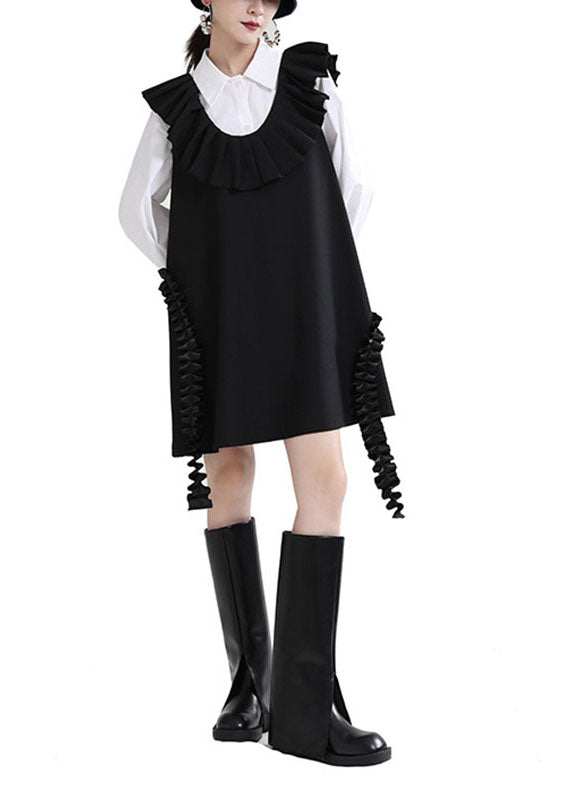 Black U Neck Patchwork Ruffles Fall Dress Sleeveless