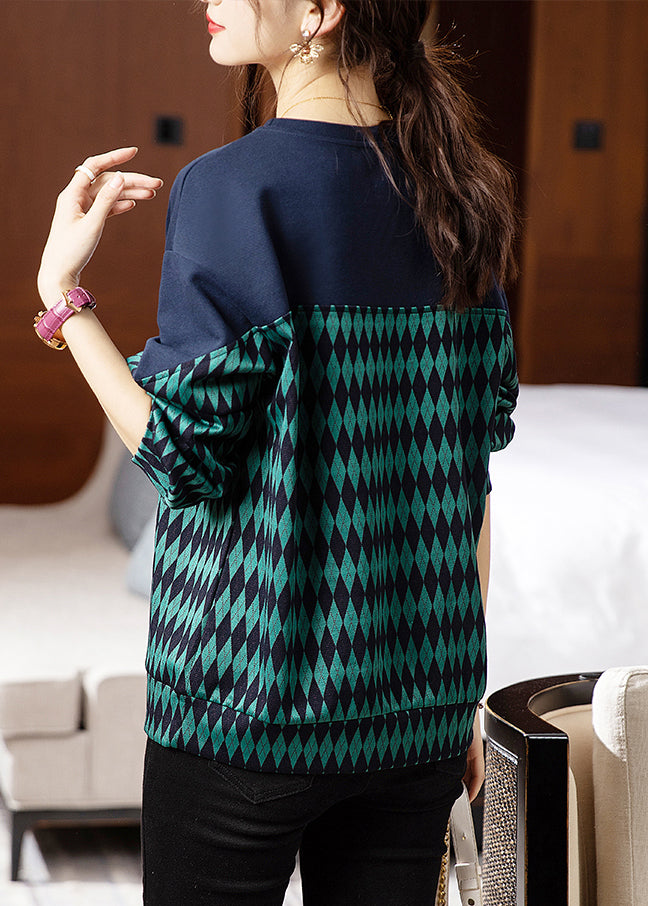 Green O Neck Print Patchwork Cotton Sweatshirt Fall