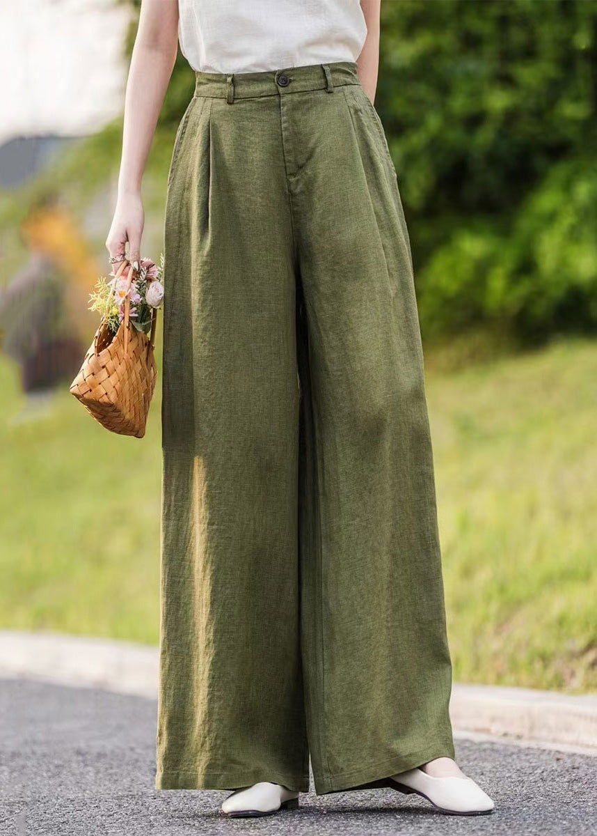 Green Pockets Linen Straight Pants Summer